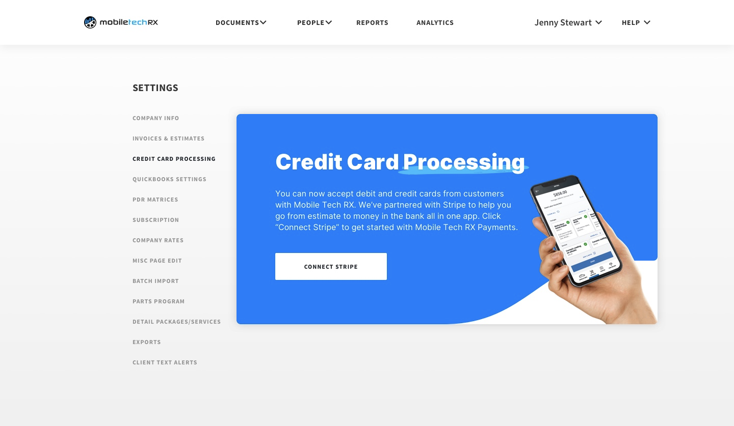 Credit Card Processing setup screen in Admin Portal