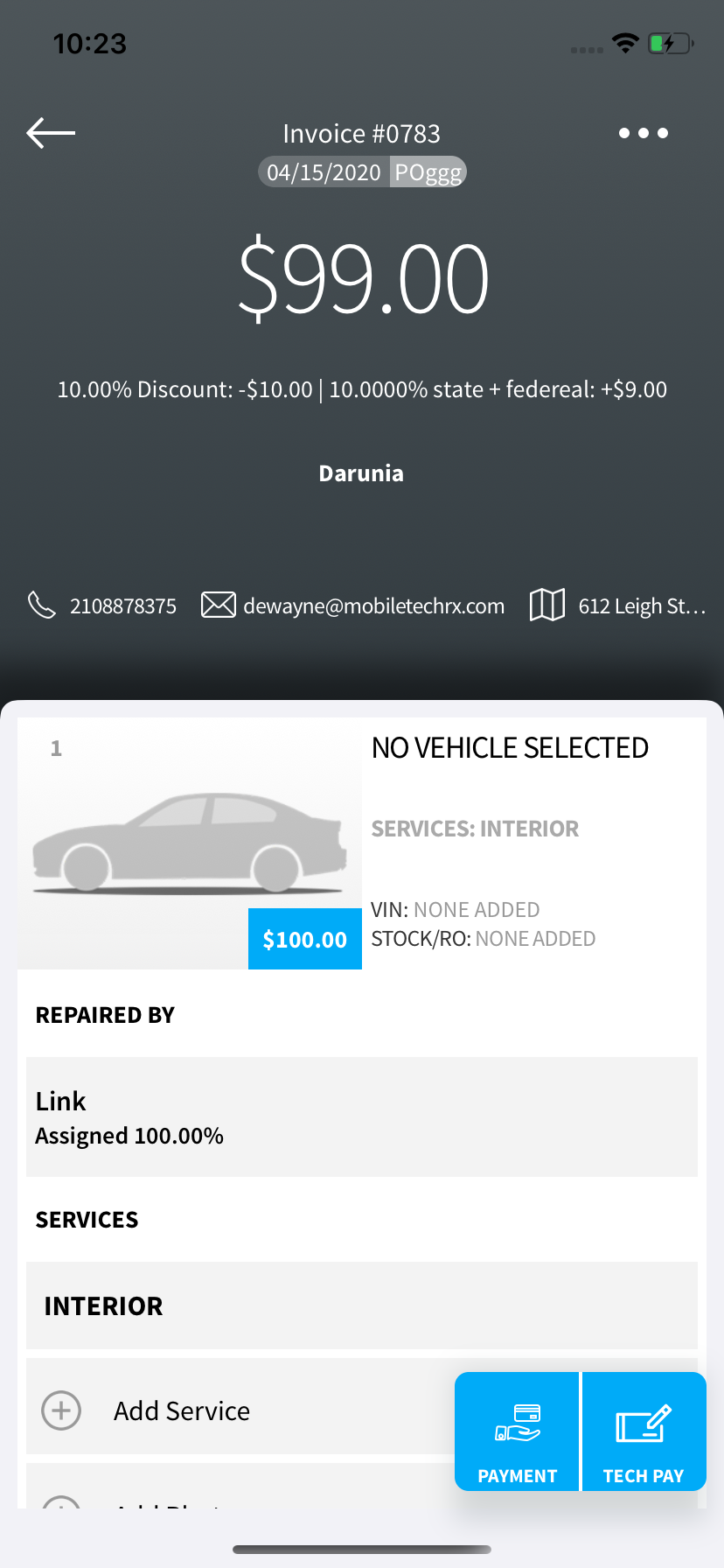 taking payment from a Mobile Tech RX invoice in the app